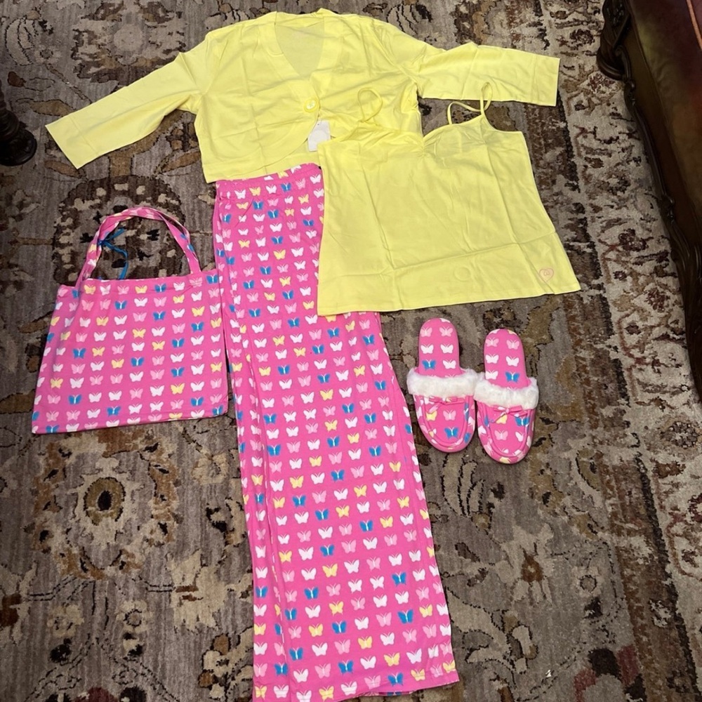 Yellow and Pink Victoria Secret Pajama Set with bag & slippers